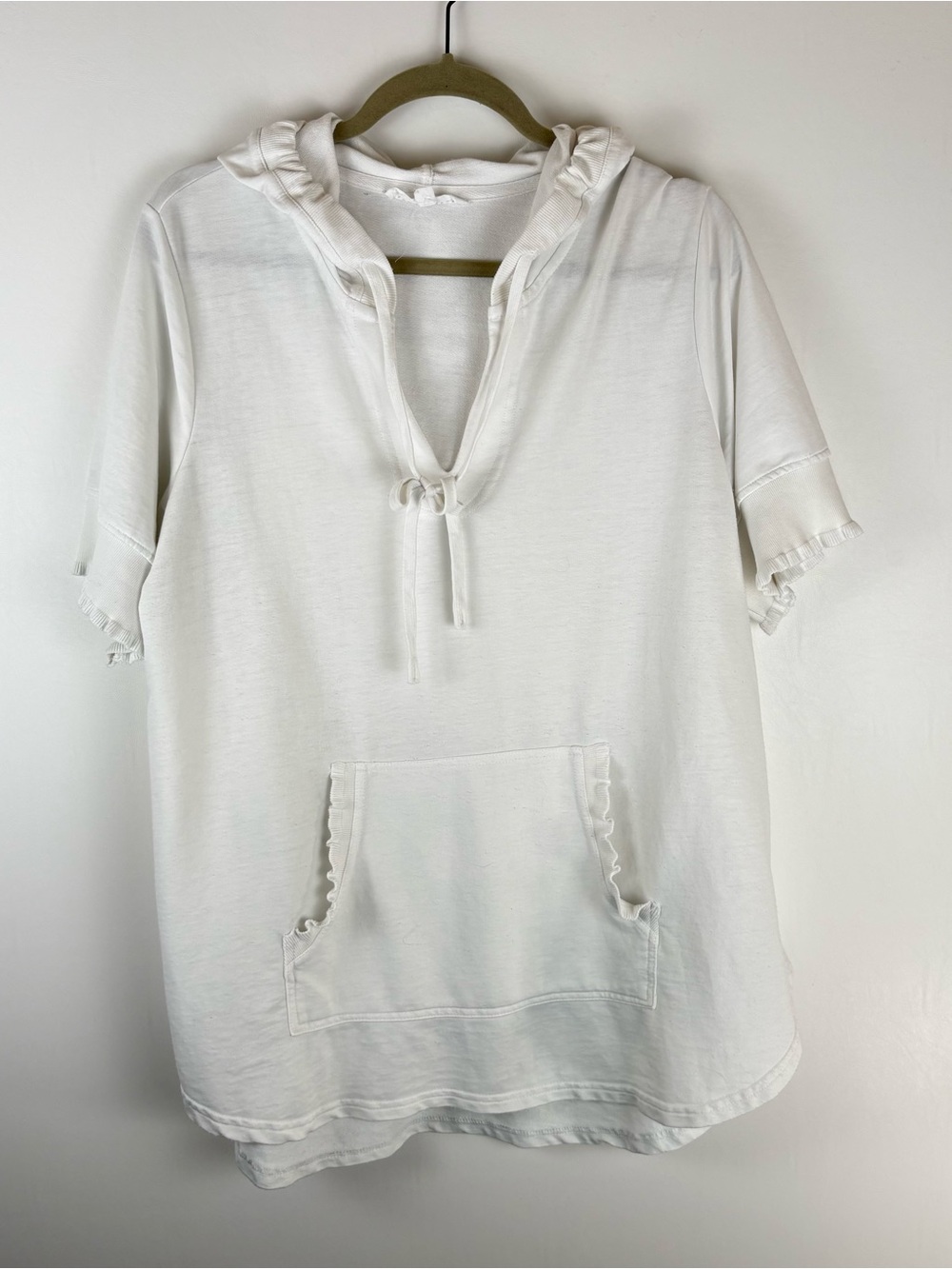Jane Delancey Womens 1X Hoodie Blouse Short Sleeve Top Shirt Pockets White